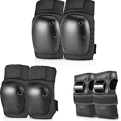 成人青少年六合一护具套装，包含护膝、护肘、护腕，适用于滑板、骑行、轮滑、自行车等户外运动。