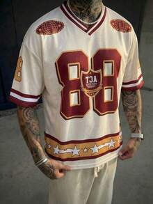 Áo thun nam cổ chữ V họa tiết số 88, phong cách đường phố thường ngày, kiểu áo bóng đá cổ điển, in hình ngôi sao, màu be. - Nhiều màu - Xem 1