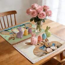 4-Piece Retro Rabbit Placemat Set (4-Piece Set) Suitable For Dining Tables, Washable Table Mat With Rabbit, Easter Egg, Purple Flower And Other Patterns, Rectangular Easter Table Decoration, Suitable For Coffee Tables, Holiday Parties And Spring Table Decoration - Multicolor - View 1
