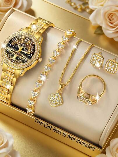 6 piezas Juego de joyería chapada en oro con cristales de Rhinestone completos (incluye reloj, pulsera, collar, aretes y anillo), un regalo popular y un accesorio de oro brillante. Diseño elegante con cristales de Rhinestone entrelazados en oro, adecuado para el uso diario, citas y compras.