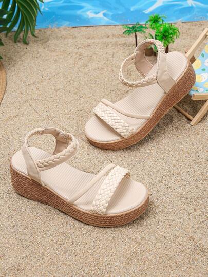 1 Pair Girls' Summer High Heel Sandals, Minimalist Woven Slip-On Solid Color Platform Sandals, Suitable For Daily, Vacation, Beach Wear, Comfortable And Lightweight Wedge Sandals