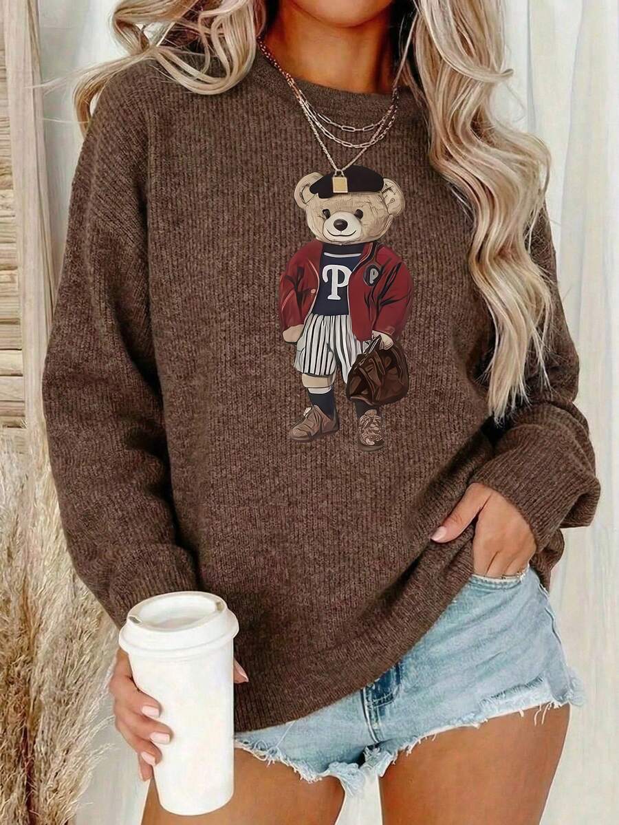 Áo len mùa đông thoải mái cho nữ, in hình gấu hoạt hình dễ thương - Cổ tròn tay dài, màu nâu, thiết kế tinh tế, phù hợp cho mùa thu và mùa đông, áo len giả dệt kim mùa đông cho nữ, thích hợp mặc vào mùa xuân. - Màu đất son sẫm - Xem 1