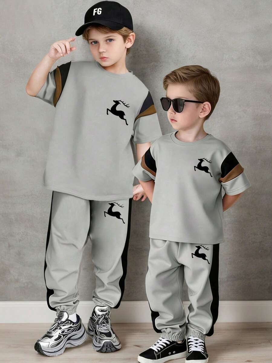 Young Boy Cartoon Print Round Neck Short Sleeve Top And Pants Set - Grey - View 1