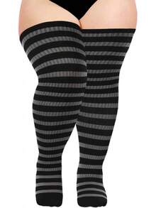 Plus Size Thigh High Socks For Women Knit Cotton Extra Long Striped Over The Knee High Socks Leg Warmers - 黑灰 - 查看 1