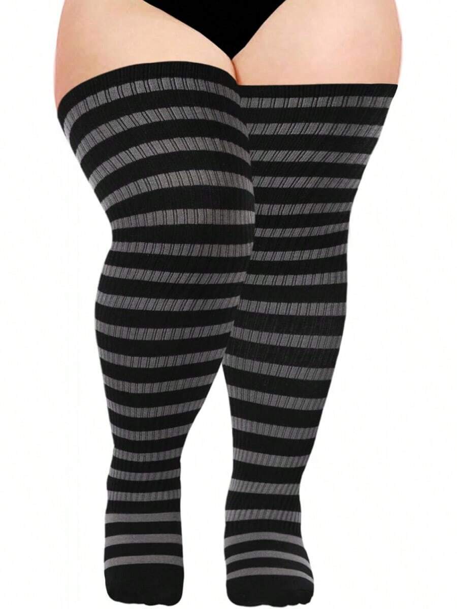 Plus Size Thigh High Socks For Women Knit Cotton Extra Long Striped Over The Knee High Socks Leg Warmers - Đen & Xám - Xem 1