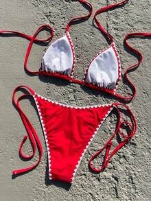 Women's Sexy Halter Neck Ruffled Floral Bikini Set, European And American Style - Red - View 4