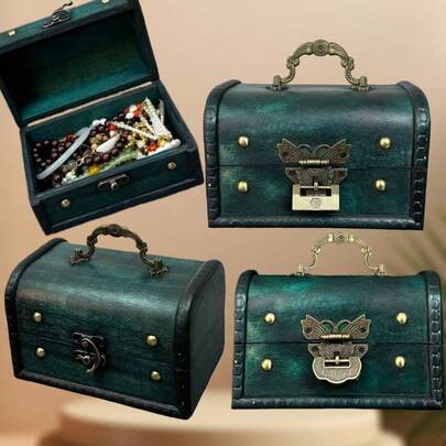 1个复古绿色木质装饰收纳盒，适用于珠宝收纳、摄影道具和家居装饰