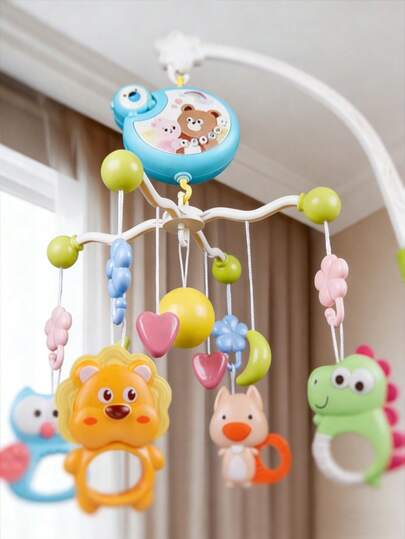 360°旋转音乐婴儿床铃，带夜灯和投影功能，可拆卸磨牙玩具，防滑婴儿床支架，发光企鹅和小熊图案，适合新生儿、男孩和女孩的助眠产品