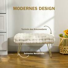 Pouf, Upholstered Bench With A Velvet Look, Footrest With Padded Seat, Metal Legs, For Living Room, Bedroom, 76 X 38 X 41.5 Cm, Cream White - White - View 4