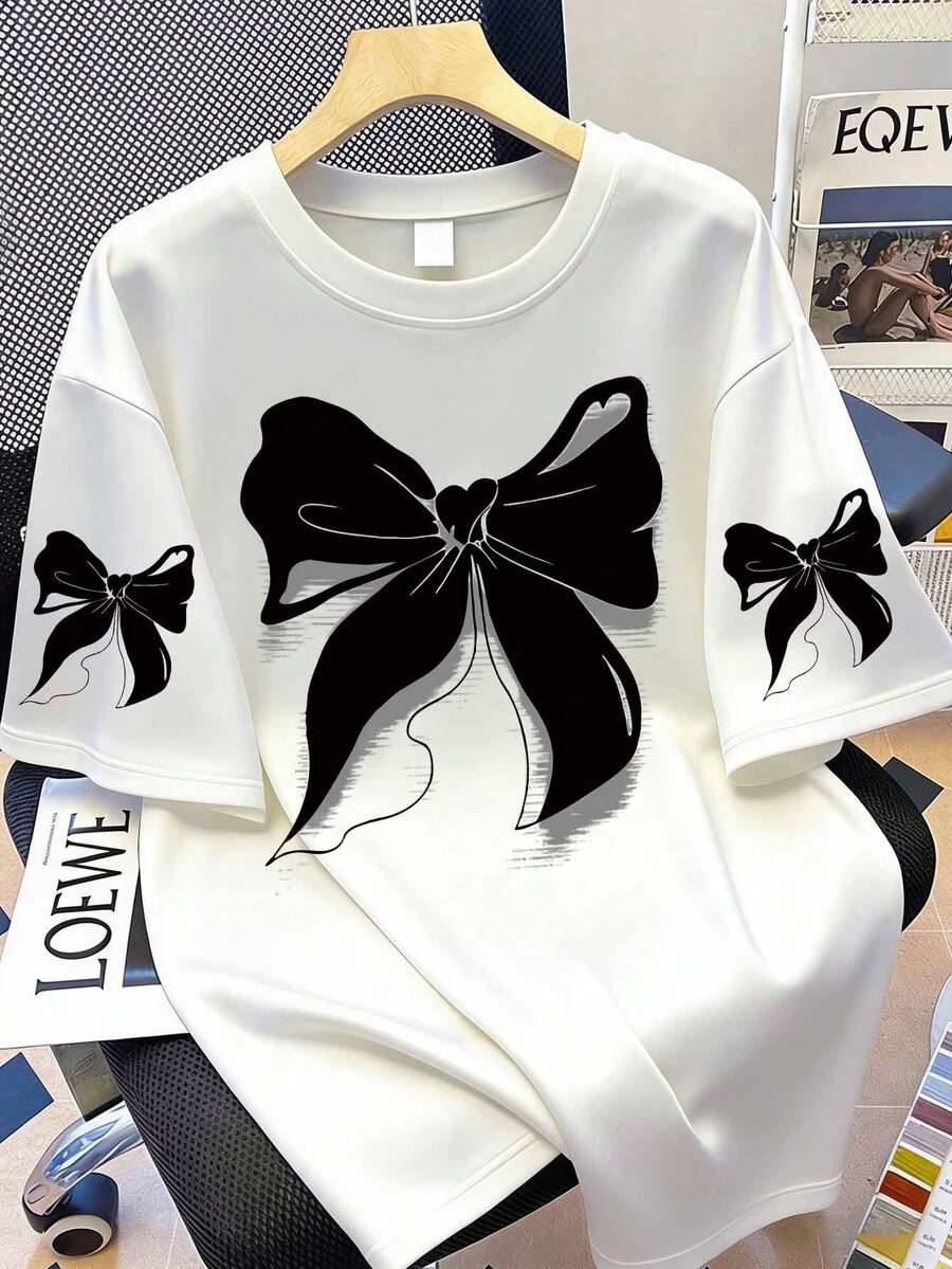 Butterfly Print T-Shirt, Short Sleeve Round Neck Casual Top, Women Spring/Summer - White - View 1