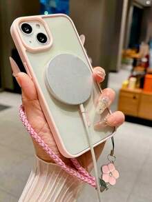 磁吸透明手机壳，兼容 16、15、14、13、12、11 Pro、Plus、Max、Mini、7、8、SE、16e、7P、X、XR、Xs Max 以及 S25 Ultra、S24 Ultra、S23 FE、S22+，防震保护套 - 粉紅色+花掛繩 - 查看 4