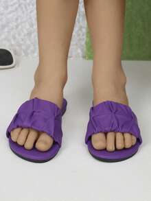 Summer New Girls' Outdoor Slippers, Round Toe Fabric Ruched Design, Fashionable And Generous Solid Color Western Style Children Flat Sandals - Violet Purple - View 4