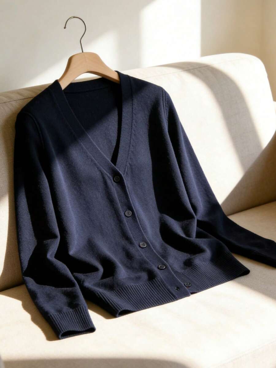 Women's Lightweight V-Neck Cardigan Sweater Solid Color Long Sleeve Casual Simple Slim Fit Jacket - Màu xanh lam - Xem 1