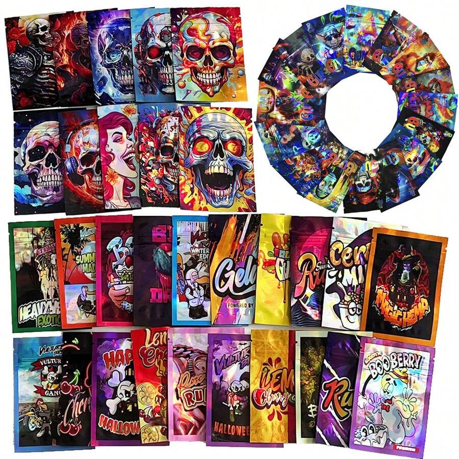 100个7*10厘米香料粉袋，婚礼派对防水防异味储物铝箔袋，卡通设计礼品袋，可重复使用拉链密封袋，带窗口激光全息塑料包装袋 - 彩色 - 查看 1