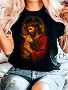 Camiseta Feminina Jesus Bom Pastor com Cordeiro – Estampa Religiosa Exclusiva - Preto - Visão 1