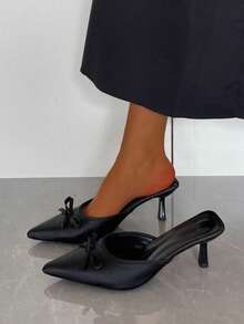 2026 Spring New Elegant French Style Black Bow Pointed Toe Thin Heel Mule Slip-On Sandals, Versatile High Heels For Commuting, Dating, Daily Wear - Black - View 6