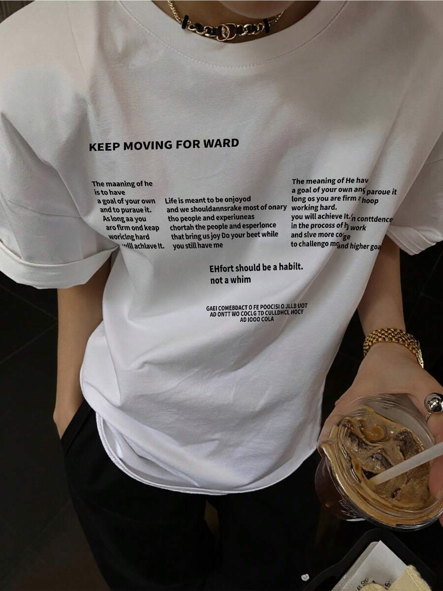 Women's Round Neck Short Sleeve T-Shirt, Summer New Letter Print, Fashion Casual Versatile Loose Top - White - View 1