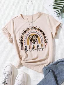 Áo thun ngắn tay cổ tròn in họa tiết cầu vồng, chất liệu cotton mềm mại, phong cách đường phố dành cho bé gái. - Màu be - Xem 1