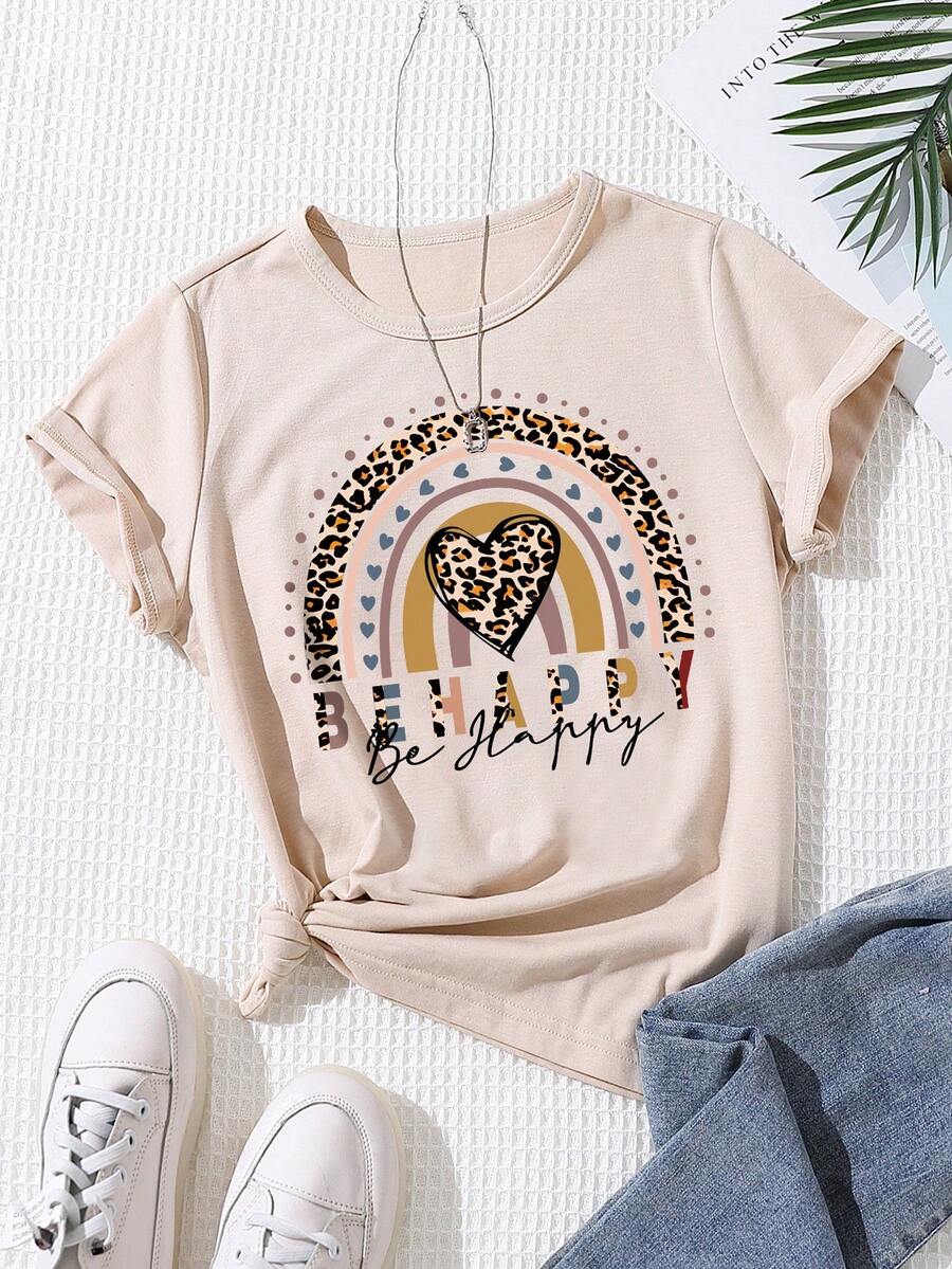 Áo thun ngắn tay cổ tròn in họa tiết cầu vồng, chất liệu cotton mềm mại, phong cách đường phố dành cho bé gái. - Màu be - Xem 1