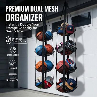 优质竖式网状篮球收纳袋 | 四层悬挂式收纳架，可存放运动球类、头盔及其他物品 | 可折叠悬挂篮系统，适用于车库、衣橱或卧室 | 最大限度利用空间