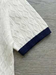 Camiseta de cuello redondo de manga corta con textura y ribete de contraste, top casual para hombres - Blanco - Ver 7