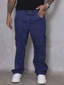 Calça Masculina Cargo Jeans Perna Larga Preta Marmorizada sem Elastano - Azul Escuro - Visão 2