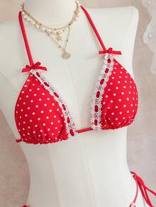 Conjunto de bikini a lunares rojos 2026 nuevo. Parte superior triangular con ribete de encaje, Bottom de natación con lazo delantero. Elegante traje de baño para vacaciones de verano en la playa - Multicolor - Ver 11