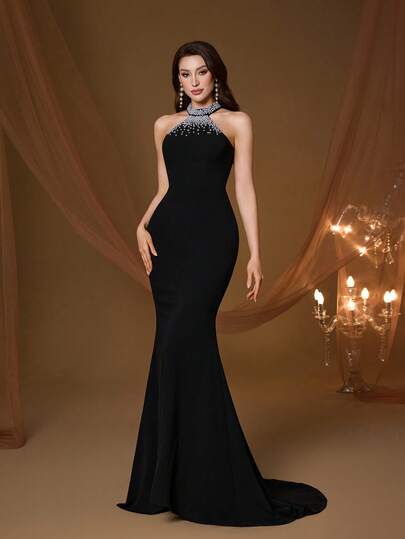 Đầm dạ hội lộng lẫy, mới lạ, hở lưng, thanh lịch, đính ngọc trai, khoét rỗng, ôm sát cơ thể, đuôi cá, thích hợp cho dạ hội, đám cưới, tiệc tùng, khách dự đám cưới, đầm dạ tiệc.