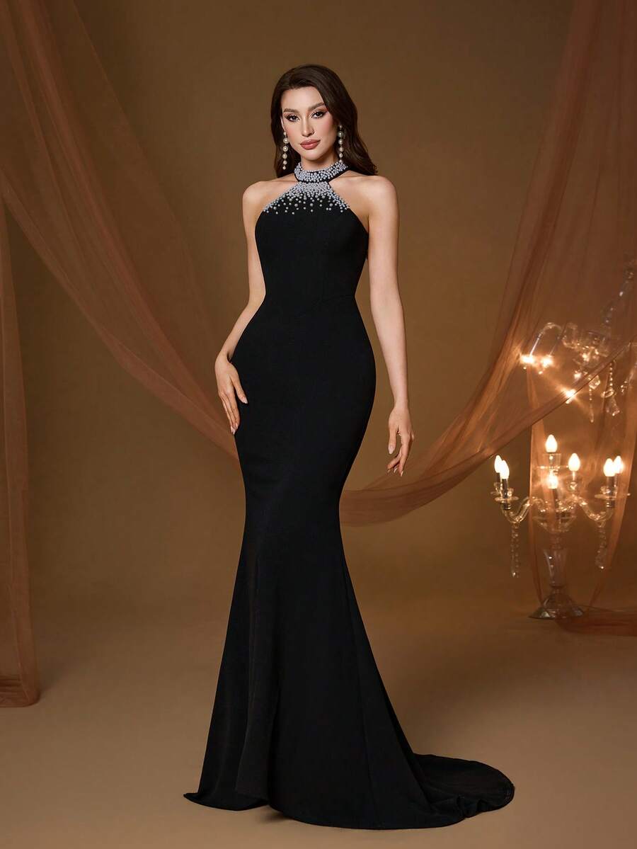 梦幻般的新款露背优雅舞会礼服，珍珠串珠点缀，镂空设计，修身剪裁，鱼尾裙摆，适合舞会、婚礼、派对、婚礼宾客、春季晚礼服等场合。 - 黑色 - 查看 1