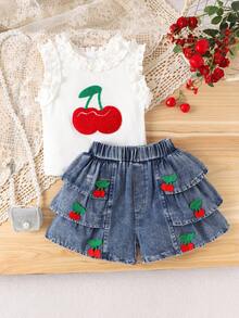 2pcs Girls Vintage Cute Cherry Embroidered Ruffle Trim Tank Top + Denim Skirt Outfit, Summer - White - View 3