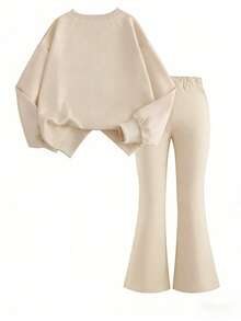 2pcs/Set Teenage Girls Bow Print Crew Neck Sweatshirt + Pants Set, New Fashionable Casual Outfit Suitable For Travel - Apricot - View 4