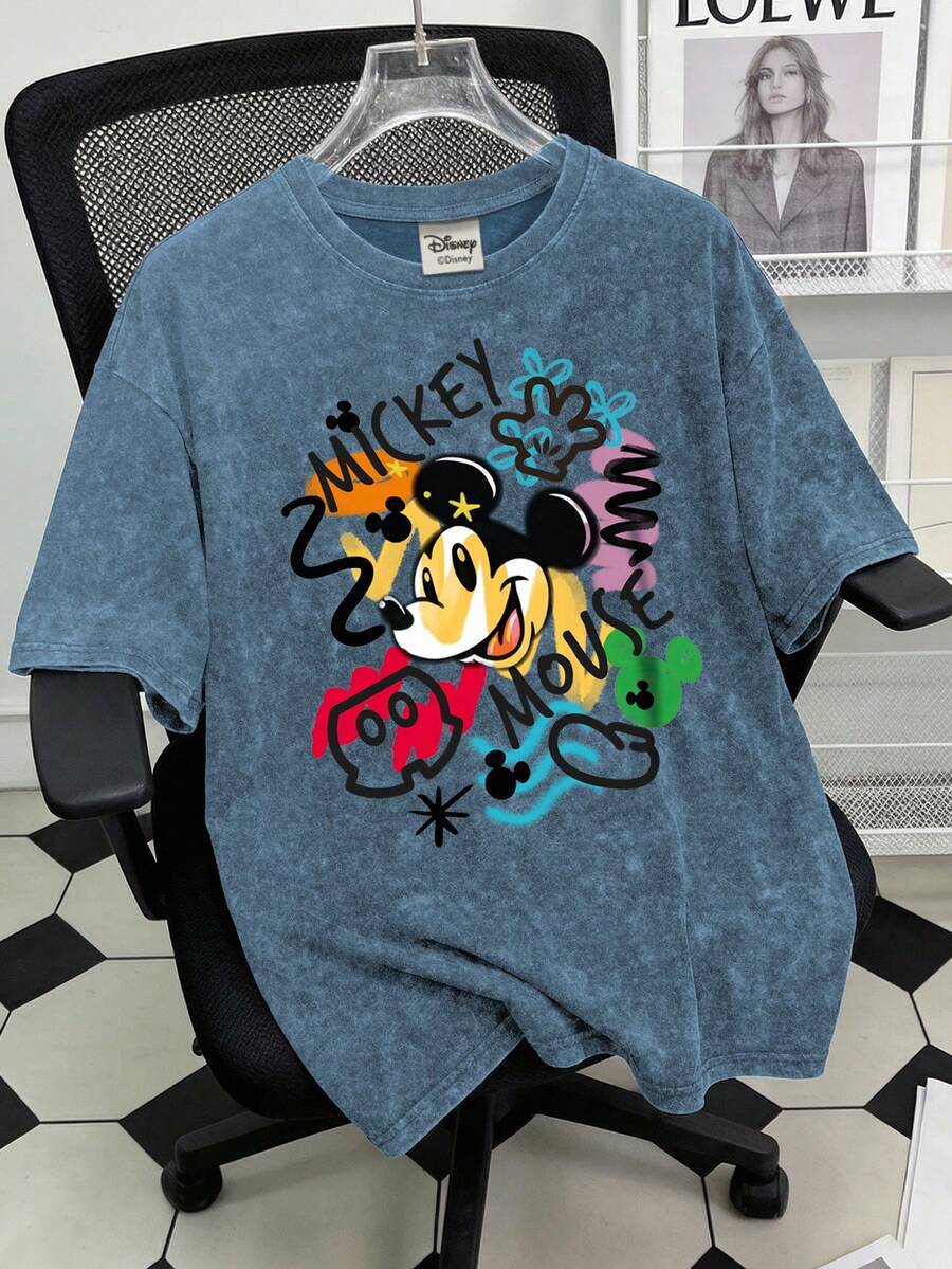 Disney This Retro-Washed Men's Crew Neck Short-Sleeved T-Shirt, Printed With A Mickey Mouse Pattern, Is An Ideal Choice For Summer Wear. - Navy Blue - View 1