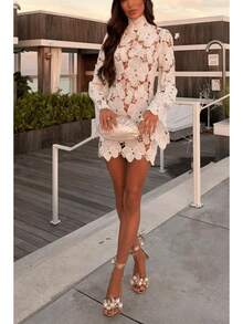 Women's New Fashion Sexy Elegant Lace Hollow High Neck Short Dress - 白色(25346) - 查看 7