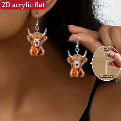 2D Acrylic Highland Cow Earrings With Cute Cartoon Animal Print Earrings For Girlfriends/Couples On Holidays (Christmas/Thanksgiving/Halloween/New Year), Surprise Gifts, Cute And Versatile, Niche Design, Girlish Heart Earrings For Daily Wear, Small Accessories, Holiday Gift Selection, Fun And Cute Style Earrings