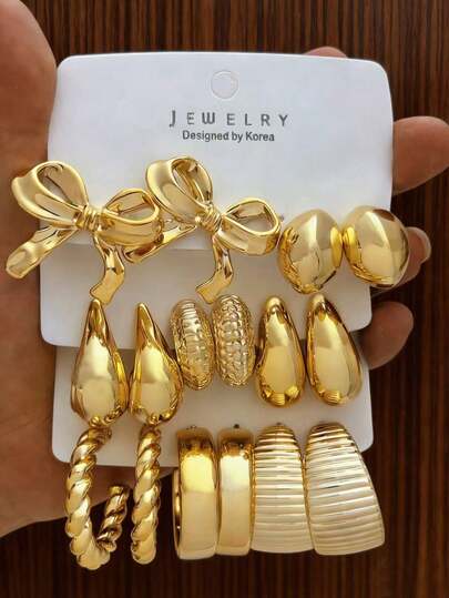 4/8 Pairs Fashion Gold Smooth Five-Petal Flower & White Four-Petal Asymmetrical Twist C-Shape Earrings Set, Suitable For Women's Daily Wear, Great Gift For Valentine's Day, Friends And Family