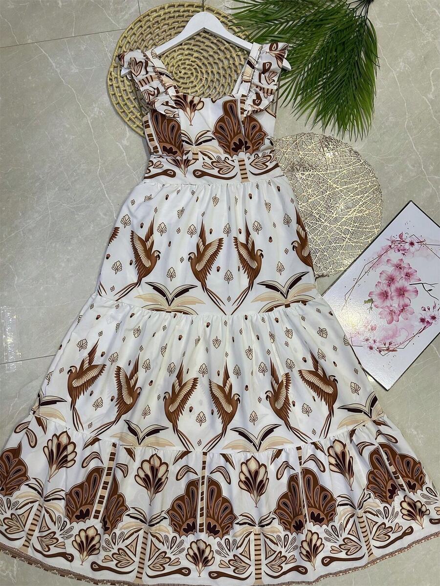 Long Dress With Print, Lined, With Built-In Bra Cups, Made Of Pretty, Fashionable Crepe Fabric. - 鏽棕色 - 查看 1