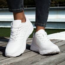 Nouvelles chaussures de course mode couleur unie pour femmes, baskets de sport respirantes et légères, chaussures athlétiques confortables et durables avec semelle épaisse pour les sports de plein air, le port décontracté quotidien, la course sur sentier - Blanc - Voir 3