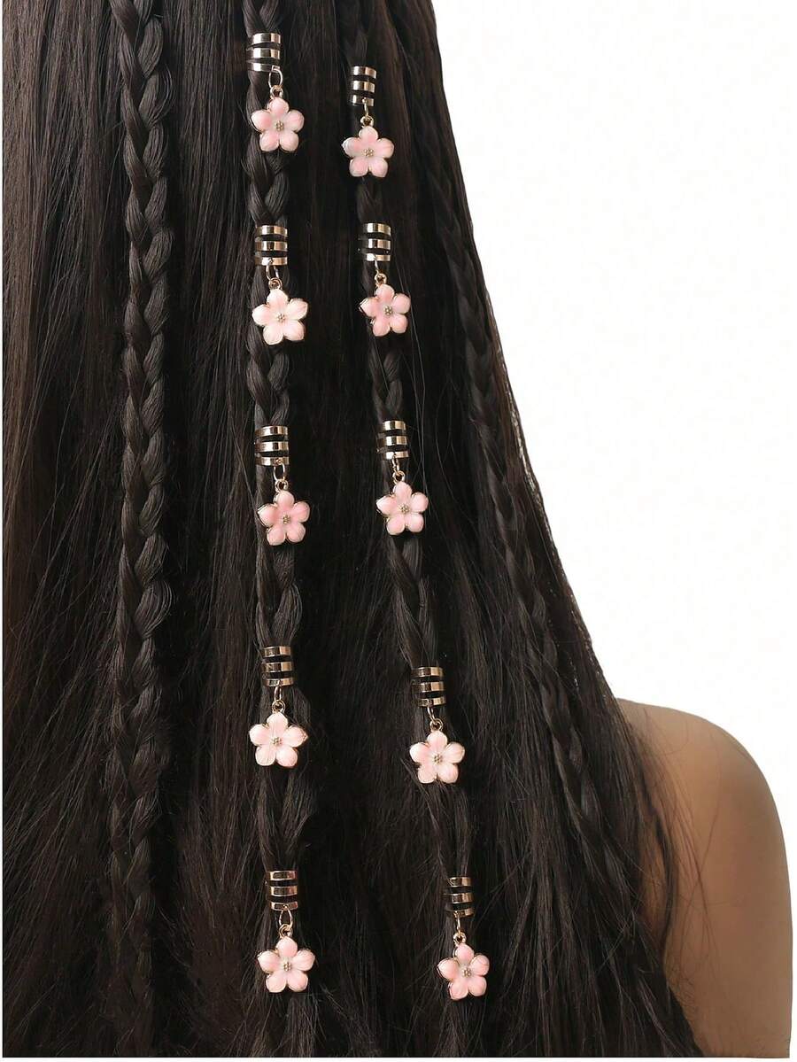 6pcs Gold Drip Oil Flower Hair Rings Set, Boho Cute Hip Hop Hair Clips, Headchain, Star Moon Combo, Ramadan Gift, Party Hair Rings - Pink - View 1