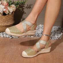 Women's Criss-Cross Elastic Glitter Rope Platform Wedge Shoes - Gold - View 12