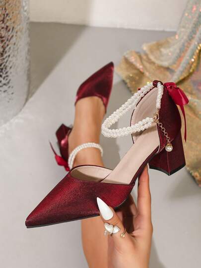New Fashion Women's Pointed Toe High Heel Shoes, Hollow Out Thick Heel, Red Faux Pearl Strap Sandals, Casual & Comfortable For Spring/Summer