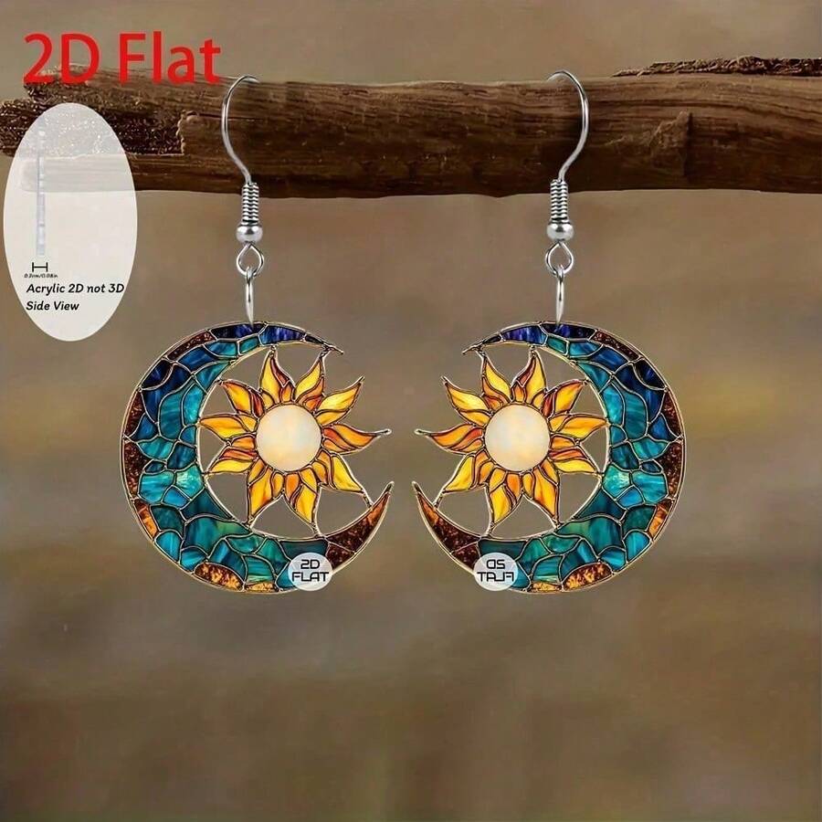 2D平面太阳、月亮和星星，璀璨吊坠耳环，时尚首饰，派对礼物，节日礼物，送给家人和朋友 - 一對 - 查看 1