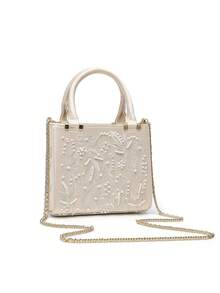 Túi xách nữ: Túi tote thời trang thêu ngọc trai, túi cầm tay dự tiệc sườn xám, túi dây xích, túi thêu ngọc trai, túi đeo vai, túi dây xích đính ngọc trai. - Màu be - Xem 2