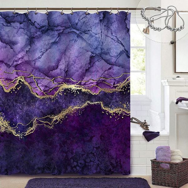 Cortina de ducha de mármol púrpura Uowrpoz, cortinas de ducha abstractas de oro y púrpura para la decoración del baño, cortina de ducha decorativa de tela impermeable de lujo y elegante de arte moderno