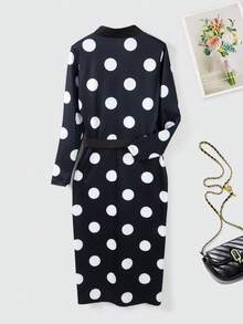 女士V领波点印花长袖连衣裙，宽松版型，配腰带，优雅连衣裙，轻盈无弹面料，适合通勤、日常穿着、婚礼、派对等场合，黑色，春季款 - 黑色 - 查看 4