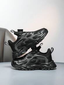 1 par de zapatillas deportivas de malla para niños, de estilo primavera/otoño, con hebilla rotativa ajustable de fácil puesta y quita, adecuadas para uso casual, deportivo, escolar y de moda, versátiles y atléticas - Negro - Ver 7