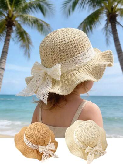 1 pieza Sombrero de sol grande de punto con lazo decorativo para bebé/niños unisex, sombrero de sol transpirable para niños para primavera, verano, otoño