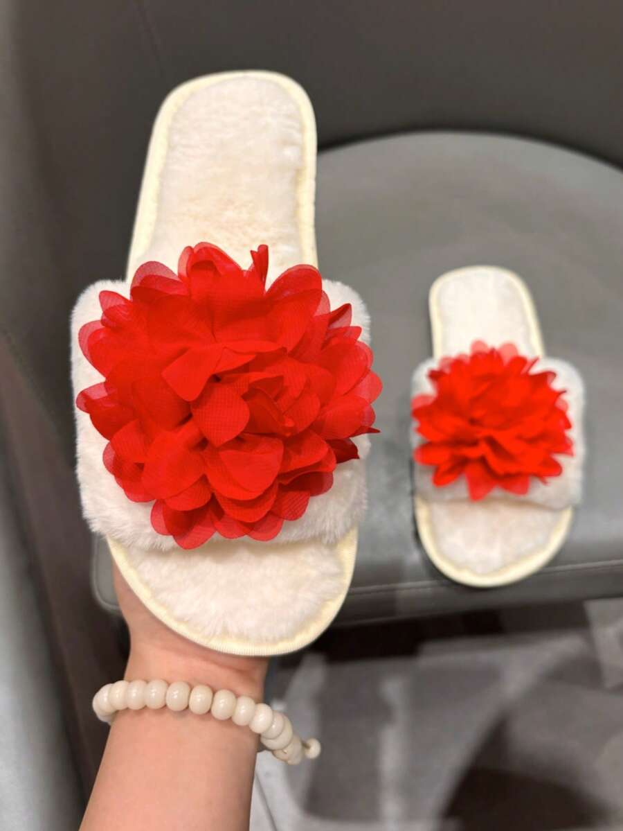 女士白色休闲毛绒拖鞋，室内3D大红花家居拖鞋，平底软底鞋礼品，女士棉质拖鞋，单趾露趾防滑软底毛绒女鞋 - 白色 - 查看 1