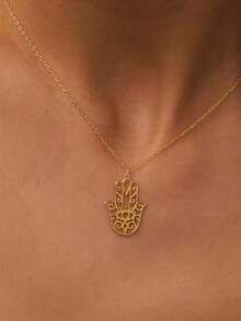 1pc 18K Gold Plated Stainless Steel Hamsa Hand Necklace, Fatima Hand Pendant Necklace, Evil Eye Necklace, Spiritual Faith Jewelry, Religious Necklace, Christmas Gift, Mother's Day Gift, Gift For Mom - Gold - View 4