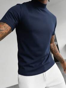 Men's Classic Half-Turtleneck Short Sleeve T-Shirt, Fashionable Summer Outfit - Navy Blue - View 2