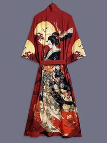 日式和風美學印花中長版 3/4 袖緞面和服式罩衫 女款優雅街頭休閒寬鬆外衣 沙灘旅行度假紅色 - 紅色 - 查看 1